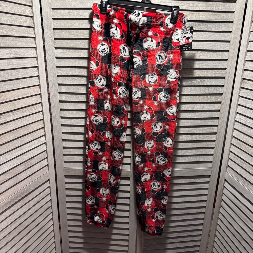 DISNEY Mickey Mouse Women’s Red Black Plaid Fleece Pajama Lounge Pants PJs